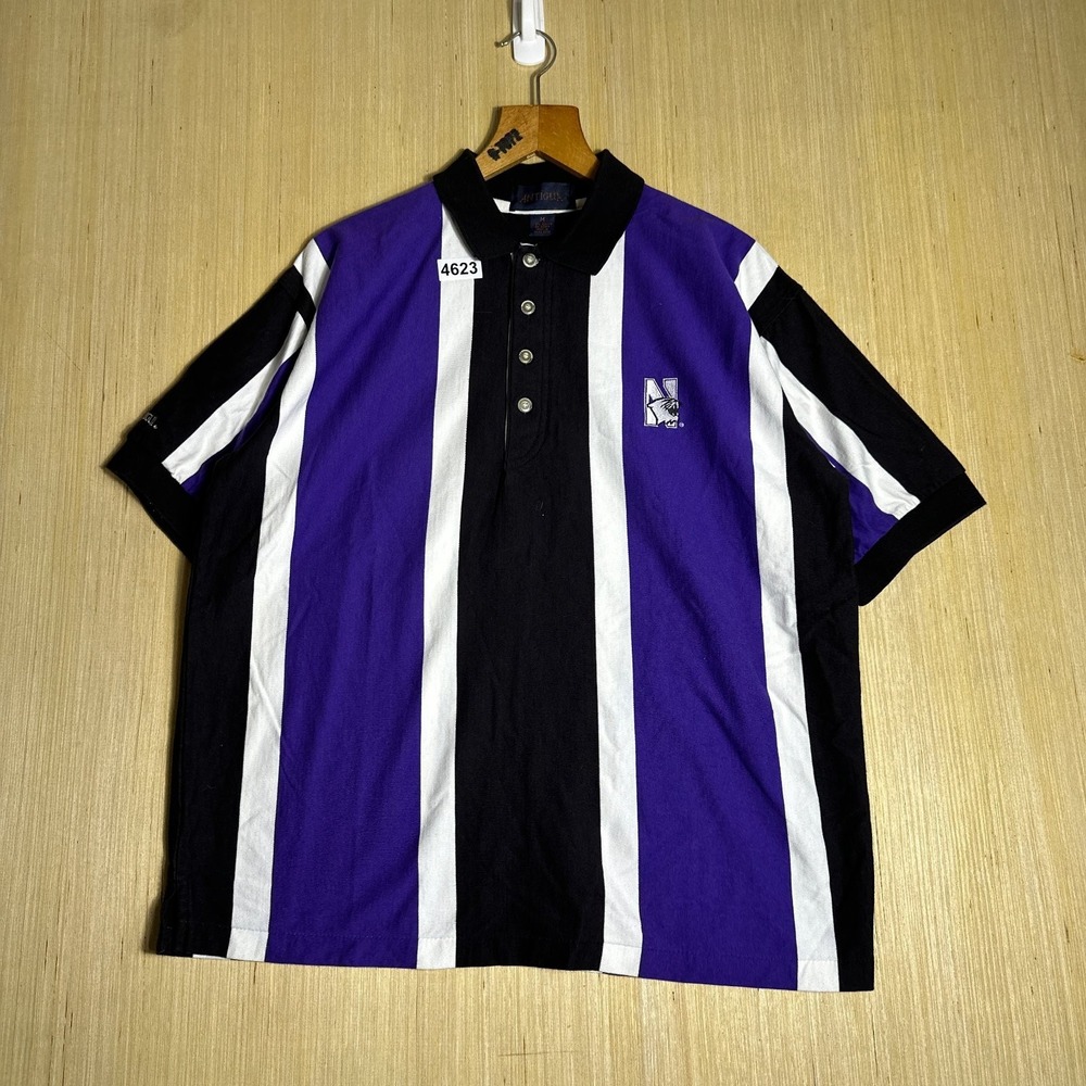 Vintage Northwestern Polo Button Shirt Mens Medium Purple Striped Collared Up